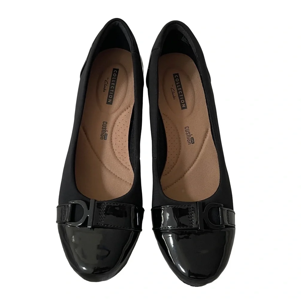 Clarks Black Wedge Pump with Patent Accent